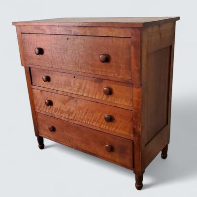 Antique Empire Style Curly Cherry Solid Wood Chest of Drawers