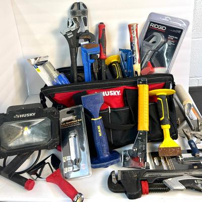 Husky Tool Bag With Tools: Wrenches, Work Light, Pipe Cutter & More 