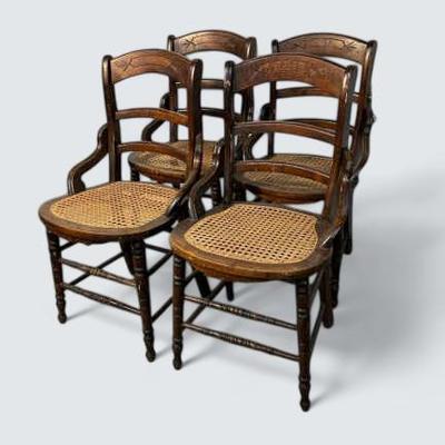 Vintage Cane Seat Solid Wood Dining Chairs (4) - 17x17x34"