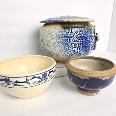 Handcrafted Salt Glazed & Blue Painted Pottery Bowls & Covered Dish