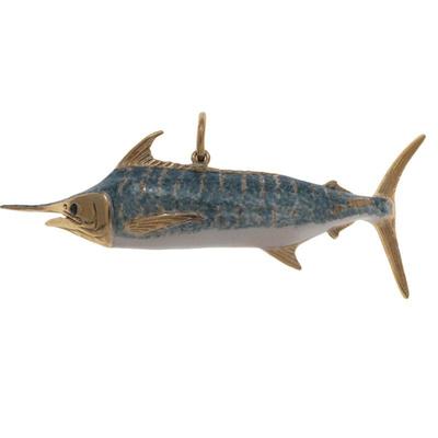 Sapphire, Enamel, 14k Yellow Gold Swordfish Pendant