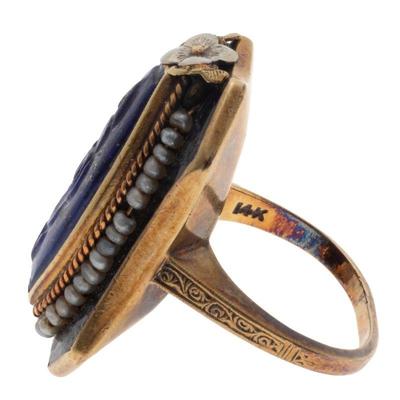 Art Deco Lapis Lazuli, Seed Pearl, Enamel, 14k Ring