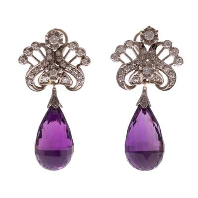 Pair of Diamond, Amethyst, 14k White Gold Earrings