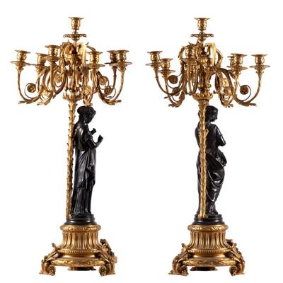 Pair of Louis XV Style Gilt and Spelter CandelabraAfter Moreau