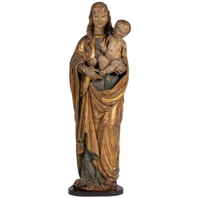 Continental, Possibly Italian Gilt and PaintedCarved Wood Statue of Mary and the Infant Jesus.