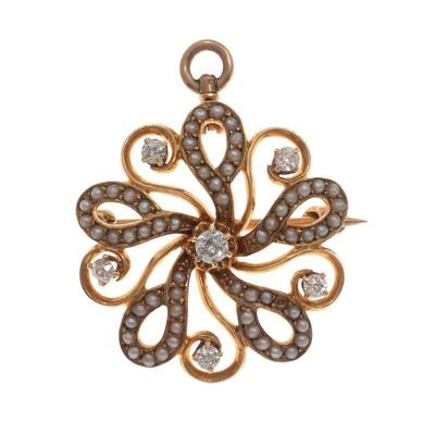 Victorian Diamond, Seed Pearl, 14k Yellow Gold Pin Pendant
