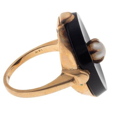 Art Deco Onyx, Cultured Pearl, 14k Yellow Gold Ring
