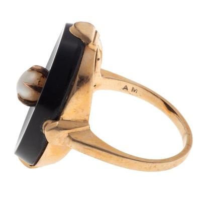 Art Deco Onyx, Cultured Pearl, 14k Yellow Gold Ring