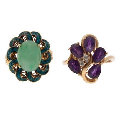 Collection of Two Vintage Jade, Amethyst, 14k Rings