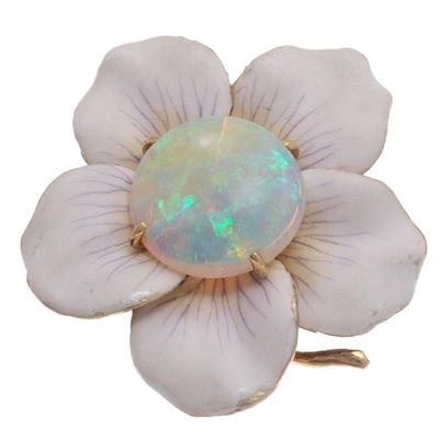 Opal, Enamel, 14k Yellow Gold Flower Pin