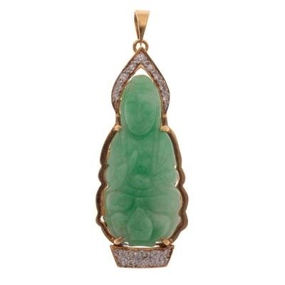 Carved Jadeite Jade, Diamond, 18k Yellow Gold Pendant