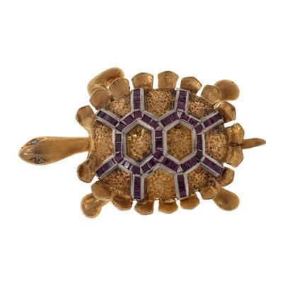 Diamond, Ruby, 14k Yellow Gold Turtle Pin