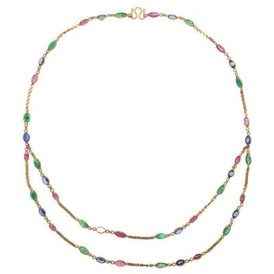 Emerald, Ruby, Sapphire, 14k Yellow Gold Necklace