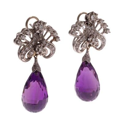Pair of Diamond, Amethyst, 14k White Gold Earrings