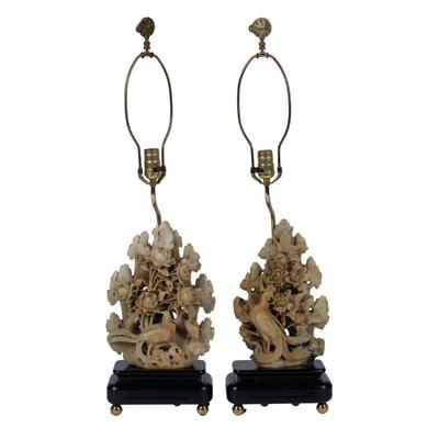Pair of Chinese Soapstone Plaques, Now Fitted as Lamps