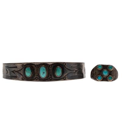 Fred Harvey Era Turquoise, Sterling Silver Cuff Bracelet and Ring