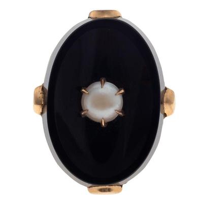 Art Deco Onyx, Cultured Pearl, 14k Yellow Gold Ring