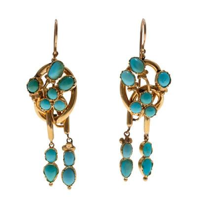 Pair of Turquoise, 18k, 14k Yellow Gold Earrings
