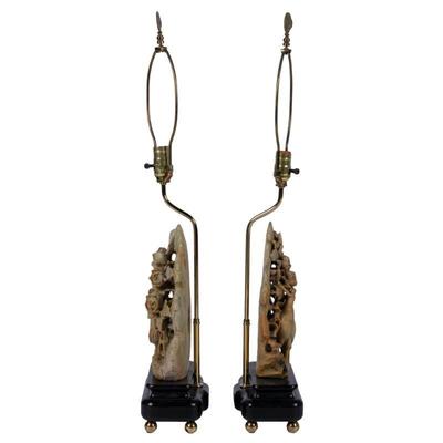 Pair of Chinese Soapstone Plaques, Now Fitted as Lamps