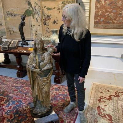 Continental, Possibly Italian Gilt and PaintedCarved Wood Statue of Mary and the Infant Jesus.