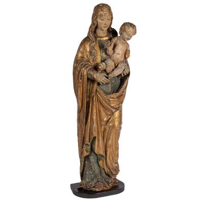 Continental, Possibly Italian Gilt and PaintedCarved Wood Statue of Mary and the Infant Jesus.