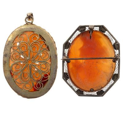 Collection of Two Jade, Shell Cameo Pendants