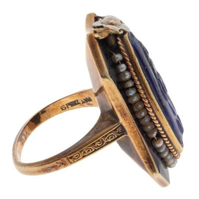 Art Deco Lapis Lazuli, Seed Pearl, Enamel, 14k Ring