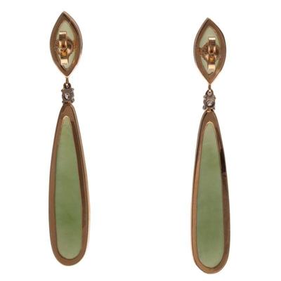 Pair of Jade, Diamond, 14k Yellow Gold Earrings