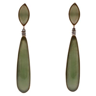 Pair of Jade, Diamond, 14k Yellow Gold Earrings