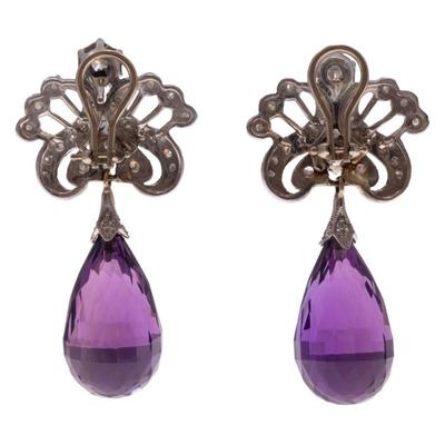 Pair of Diamond, Amethyst, 14k White Gold Earrings