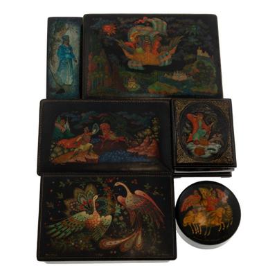 A Collection of Russian Lacquer Boxes and Trays