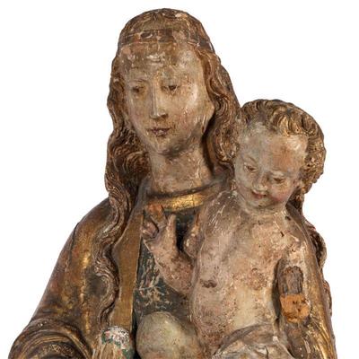 Continental, Possibly Italian Gilt and PaintedCarved Wood Statue of Mary and the Infant Jesus.