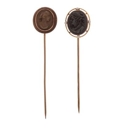 Pair of Victorian Lava Cameo, Seed Pearl, 14k Stickpins