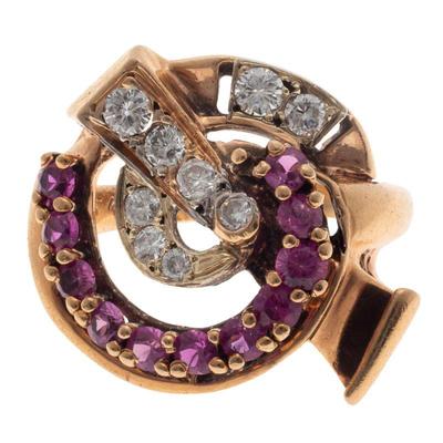 Retro Diamond, Synthetic Ruby, 14k Rose Gold Ring
