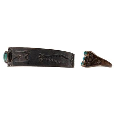 Fred Harvey Era Turquoise, Sterling Silver Cuff Bracelet and Ring