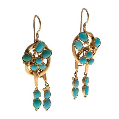 Pair of Turquoise, 18k, 14k Yellow Gold Earrings