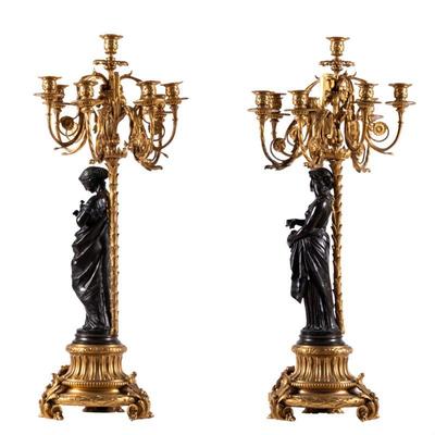 Pair of Louis XV Style Gilt and Spelter CandelabraAfter Moreau