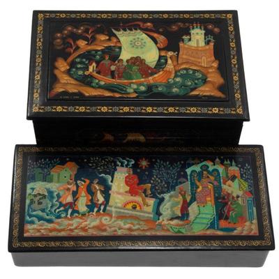 A Collection of Russian Lacquer Boxes and Trays