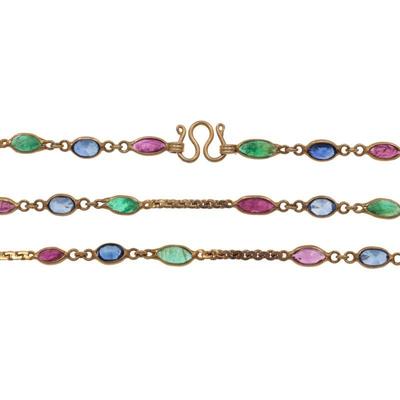 Emerald, Ruby, Sapphire, 14k Yellow Gold Necklace
