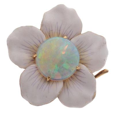 Opal, Enamel, 14k Yellow Gold Flower Pin