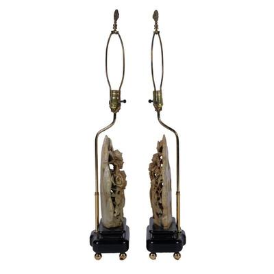 Pair of Chinese Soapstone Plaques, Now Fitted as Lamps