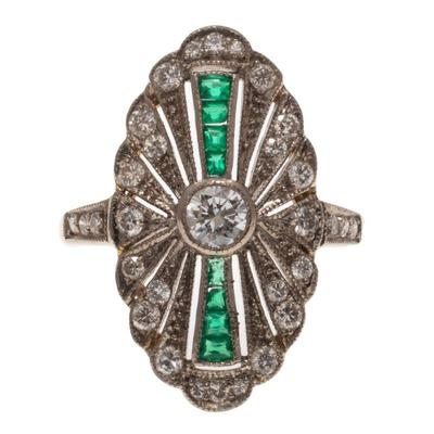 Art Deco Diamond, Emerald, 18k Ring