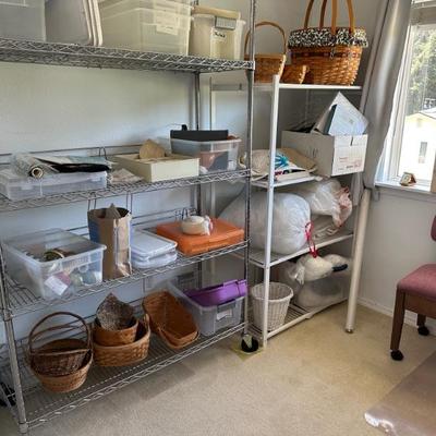 Variety of nice metal shelves on wheels - you will need to take apart if you purchase. Sturdy.