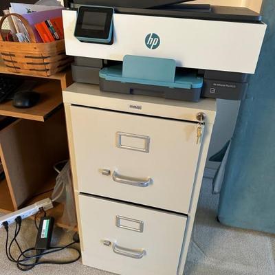 Newer HP printer with manual and 2 drawer filing cabinet