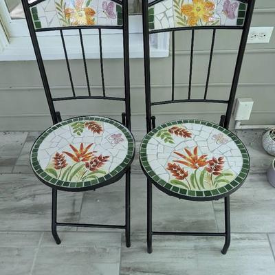 Pair Of Folding Mosaic Seat Metal Garden Chairs