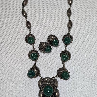 Mexican Sterling & Green Onyx Necklace & Earrings 