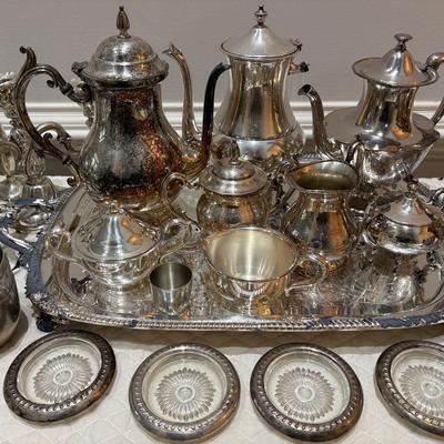 Silver Plate Serving Pieces-Ice Bucket, Coasters, Tea Set, Trays