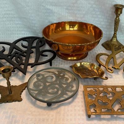 Brass Trivets, Candlesticks, Bowl-Virginia Metal Crafters 