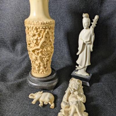 Hand Carved Ivory Vase & Figurines