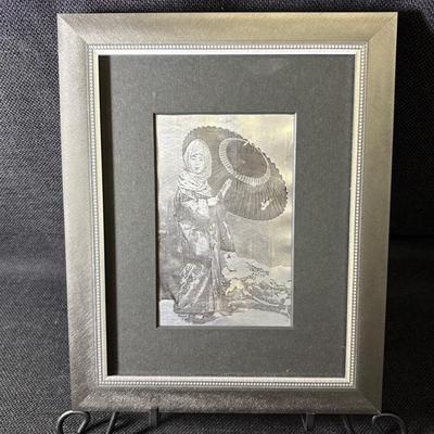 Vintage Framed Metal Postcard-Geisha 